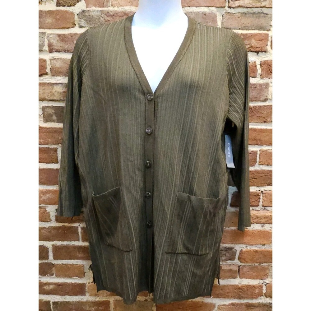 Chico's Long Duster Cardigan Sweater Ribbed Front Pockets Olive Womens 3XLP / 3P